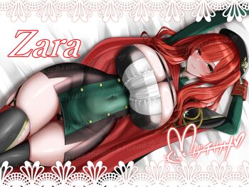 1girl arms_up azur_lane bed_sheet beret between_breasts black_dress black_hat black_panties black_thighhighs blush breasts cape center_frills character_name cleavage closed_mouth commentary_request covered_navel cowboy_shot dress frills garter_straps green_dress green_shrug hair_between_eyes hat highres hisin huge_breasts long_hair long_sleeves looking_at_viewer lying multicolored_dress nose_blush on_back panties pantyshot partial_commentary red_cape red_eyes red_hair short_dress shrug_(clothing) sidelocks signature skindentation smile solo strap_between_breasts strapless strapless_dress thighhighs thighs twintails underwear watermark wide_hips zara_(azur_lane) zettai_ryouiki