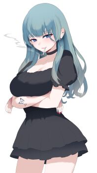 1girl absurdres arm_tattoo arms_under_breasts artist_self-insert black_choker black_shirt black_skirt breasts butterfly_tattoo choker cigarette cleavage collarbone commentary cowboy_shot crossed_arms ear_piercing earrings english_commentary eyes_visible_through_hair green_hair heart highres jewelry large_breasts light_blush light_smile long_hair looking_at_viewer mouth_hold original piercing puffy_short_sleeves puffy_sleeves purple_eyes scoop_neck shirt short_sleeves simple_background skirt smoke smoking solo standing tattoo white_background zerocat