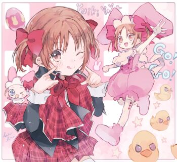 >_o 2girls apron bird blush boots bow brown_hair capelet character_name commentary_request dear_baby duck guardian_chara hair_bow hano_luno hat heart's_egg_(shugo_chara!) highres magical_girl multiple_girls one_eye_closed pepe_(shugo_chara!) red_bow red_capelet school_uniform shugo_chara! smile twintails yuiki_yaya