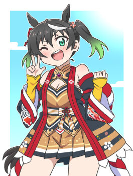 1girl animal_ears bare_shoulders black_hair breasts brown_skirt chinese_zodiac cleavage cleavage_cutout clothing_cutout commentary_request cosplay cowboy_shot detached_sleeves gradient_hair green_eyes green_hair horse_ears horse_girl horse_tail kitasan_black_(crowning_ooban)_(umamusume) kitasan_black_(umamusume) kitasan_black_(umamusume)_(cosplay) long_sleeves looking_at_viewer love_live! love_live!_nijigasaki_high_school_idol_club medium_breasts medium_hair miniskirt multicolored_hair pleated_skirt skirt sleeves_past_wrists solo streaked_hair tail takasaki_yu twintails umamusume voice_actor_connection white_streaks yano_hinaki yaya_(yaya88000000) year_of_the_horse