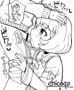 1boy 1girl artist_name bar_censor belt censored chicago-x clothes_pull cum cum_in_mouth digimon digimon_universe:_appli_monsters eyebrows fellatio hand_on_another&#039;s_head hetero kashiki_ai loli monochrome oral pants pants_pull penis shinkai_haru simple_background text_focus translation_request upper_body white_background