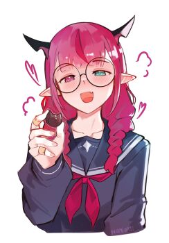 Rule 34 | 1girl, black horns, black shirt, blue eyes, blush, chocolate, collarbone, commentary, english commentary, food, glasses, heart, heart-shaped pupils, heterochromia, highres, holding, holding chocolate, holding food, hololive, hololive english, horns, irys (hololive), multicolored hair, namiorii, pointy ears, purple eyes, purple hair, red hair, round eyewear, shirt, simple background, solo, streaked hair, symbol-shaped pupils, upper body, virtual youtuber, white background