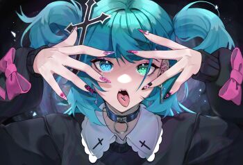 1girl aqua_hair black_choker black_sweater blue_eyes bow ceskyne choker cross_hair_ornament green_eyes hair_ornament heterochromia highres long_hair long_sleeves looking_at_viewer multicolored_nails o-ring o-ring_choker open_mouth original piercing pink_bow shirt solo sweater tongue tongue_out tongue_piercing twintails white_shirt