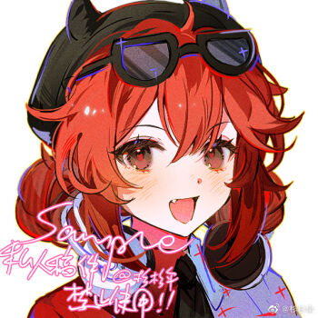 1girl beret black-framed_eyewear black_hat black_necktie brown_eyes chinese_commentary collared_shirt commentary_request commission cross cross_print dot_nose double_bun eyelashes eyewear_on_head fake_horns fang hair_between_eyes hair_bun happy hat headphones headphones_around_neck heart heart-shaped_pupils horned_headwear horns kamu_(poulro) light_blush long_sleeves looking_at_viewer messy_hair necktie open_mouth original outline red_hair red_pupils red_shirt sample_watermark shirt short_hair simple_background smile solo sparkle sunglasses symbol-shaped_pupils triangular_eyewear two-tone_shirt upper_body watermark weibo_watermark white_background white_shirt yellow_outline