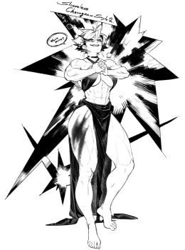 abs bare_arms bare_legs barefoot breasts center_opening chinese_commentary clothing_request commentary_request cracking_knuckles earrings english_text evil_smile feet fingernails greyscale halterneck head_tilt highres jewelry large_breasts leotard long_fingernails looking_at_viewer monochrome multicolored_hair multiple_earrings muscular muscular_female navel original sharp_fingernails sharp_teeth shen_shipi_(agil548g6h6) short_hair smile smug speech_bubble spiked_hair teeth thick_thighs thighs tiptoes toenails tomboy two-tone_hair underboob white_background