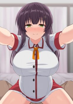 1boy 1girl black_hair breasts closed_mouth commission cowgirl_position dark-skinned_male dark_skin dot_nose girl_on_top green_eyes hair_down hair_ornament hairclip hetero highres implied_sex implied_vaginal interracial large_breasts long_hair looking_at_viewer maruta_(denmasked) outstretched_arms pov pregnant raised_eyebrows red_skirt school_uniform shirt skeb_commission skirt smile spread_arms straddling sweat toji_no_miko upright_straddle variant_set white_shirt yanase_mai