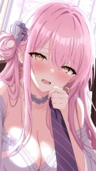 1girl absurdres blue_archive blush breasts bride cleavage collarbone commentary_request crescent crescent_earrings dress earrings flower hair_between_eyes hair_bun hair_flower hair_ornament halo highres holding jewelry kagami1999 large_breasts long_hair looking_at_viewer mika_(blue_archive) open_mouth pink_hair pink_halo single_hair_bun single_side_bun solo wedding_dress white_dress