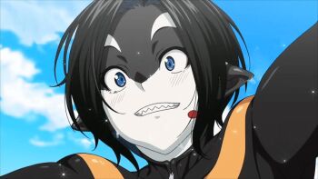 1girl 2025 20s ajin_ga_osuki_nan_desu_ne animated animated_gif anime_screenshot black_hair black_skin blue_eyes cloud colored_skin day fins fish_tail furry furry_female happy jumping one-piece_swimsuit open_mouth orange_one-piece_swimsuit orca_girl performance performer pointy_ears queen_bee_(animation_studio) rukka_(ajin_ga_osuki_nan_desu_ne) sharp_teeth short_hair sky smile sparkle swimsuit tagme tail teeth thick_eyebrows water wet white_skin