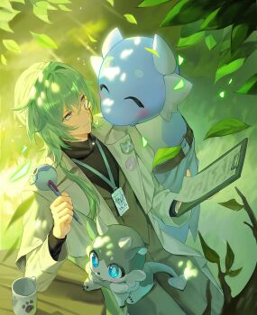 1boy ^_^ anaxa_(chimerric_park)_(honkai:_star_rail) anaxa_(honkai:_star_rail) animal animal_on_lap black_shirt blue_eyes buttons chimera_(honkai:_star_rail) clipboard closed_eyes coat commentary cowboy_shot cup dinosaur dromas_(honkai:_star_rail) english_commentary green_hair grey_pants grey_vest highres holding holding_clipboard holding_pen honkai:_star_rail honkai_(series) id_card invisible_chair leaning_back long_hair looking_at_animal male_focus monocle multicolored_eyes on_lap outdoors pants pen pink_eyes ponytail shirt shum sitting smile solo table tree two-tone_eyes vest white_coat