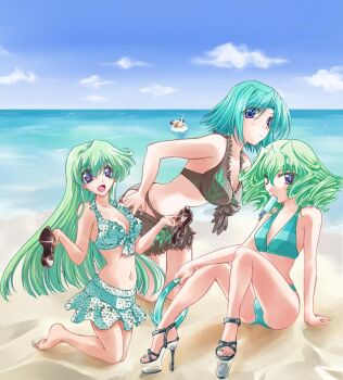 3girls alice_soft beach bikini blue_eyes food green_hair high_heels kikkawa_kiku kobayakawa_chinu kyouya long_hair mouri_teru multiple_girls open_mouth popsicle rance_(series) sengoku_rance short_hair swimsuit