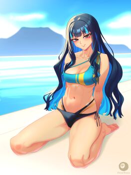 1girl absurdres bare_shoulders barefoot beach bikini black_bikini black_hair blue_hair blue_sky breasts cleavage colored_inner_hair dantonphanton dark-skinned_female dark_skin fate/grand_order fate_(series) green_bikini grey_eyes grin highres long_hair looking_at_viewer medium_breasts mismatched_bikini multicolored_hair navel shore sidelocks sitting sky smile solo swimsuit tan tenochtitlan_(cactus_city)_(fate) tenochtitlan_(fate)