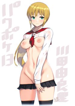 1girl 2022 absurdres arm_behind_back black_skirt black_thighhighs blonde_hair breasts cleft_of_venus closed_mouth clothes_lift clothes_pull commentary_request green_eyes highres jikkyou_powerful_pro_yakyuu kawata_yurari long_hair low_ponytail mechazinaida medium_breasts miniskirt navel necktie nipples pleated_skirt ponytail power_pro_kun_pocket power_pro_kun_pocket_13 pussy red_necktie red_sailor_collar sailor_collar shirt shirt_lift signature skirt skirt_pull solo sweatdrop thighhighs white_shirt