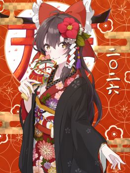Rule 34 | 1girl, 2026, alternate costume, black haori, bow, brown hair, chinese zodiac, closed mouth, commentary request, egasumi, floral print, flower, flower request, frilled bow, frilled hair tubes, frills, hagoita, hair bow, hair flower, hair ornament, hair tubes, hakurei reimu, haori, highres, holding, holding paddle, japanese clothes, kimono, lark (2h9mti6xh72g79l), long hair, looking at viewer, new year, obi, obiage, obijime, paddle, print kimono, red bow, red flower, red kimono, sash, shide, shippou (pattern), smile, solo, torii, touhou, translation request, year of the horse, yellow eyes