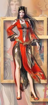 1girl armlet bracelet cai_lin_(doupo_cangqiong) closed_mouth collar commentary_request doupo_cangqiong dress earrings grey_eyes high_heel_sandals high_heels highres jewelry long_hair looking_at_viewer metal_collar pointy_ears red_dress sandals solo tiara