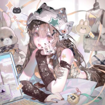 1girl bare_shoulders belt black_nails breasts brown_eyes brown_hair computer fingerless_gloves gloves hair_between_eyes hair_ornament hairclip hat jewelry jirai_kei laptop large_variant_set long_hair looking_at_viewer lying nail_polish on_stomach original parted_lips ribbon ring shirt skirt sleeveless solo star_(symbol) stuffed_animal stuffed_toy tai01 variant_set