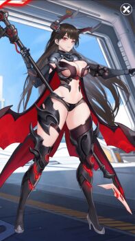 1girl adrien_(idle_epic_angle_of_fate) animated animated_gif armor bikini bikini_armor black_bikini breasts cleavage clothing_cutout full_body holding holding_behind_back holding_scythe holding_weapon idle_epic_angle_of_fate large_breasts live2d long_hair looking_at_viewer non-web_source red_eyes scythe solo swimsuit very_long_hair video_game weapon