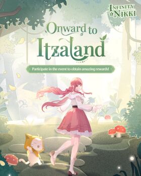 1girl ^_^ ahoge animal ankle_socks arm_cutout artist_request belt black_belt blunt_bangs bow bow_legwear bowtie brown_eyes brown_shoes cat cloak closed_eyes closed_mouth clothed_animal clothing_cutout commentary copyright_logo cross-laced_clothes cross-laced_legwear day ear_covers english_commentary english_text falling_leaves fireflies floating_hair forest frilled_shirt frilled_skirt frilled_sleeves frills full_body happy high-waist_skirt high_heels highres hood hood_up hooded_cloak infinity_nikki kneepits leaf logo long_hair long_sidelocks long_sleeves looking_at_viewer low_twintails medium_skirt momo_(nikki) mushroom nature nikki_(nikki) nikki_(series) off-shoulder_shirt off_shoulder official_art open_mouth outdoors perfect_start_(infinity_nikki) pink_bow pink_hair pink_skirt plant pleated_skirt puffy_long_sleeves puffy_sleeves red_bow red_bowtie rock second-party_source shadow shirt shoes sidelocks skirt sleeves_past_wrists smile socks traditional_bowtie twintails very_long_hair vines waving wavy_hair whiskers white_cat white_shirt white_socks yellow_cloak