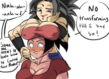 2girls black_hair breasts caulifla dark-skinned_female dark_skin dragon_ball dragon_ball_super kale_(dragon_ball) large_breasts multiple_girls nipples pseudocel smile