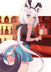 Rule 34 | 1girl, ahoge, animal ear fluff, animal ears, black bow, blue skirt, blush, bow, braid, breasts, bunny garden, commentary request, cup, drinking glass, earrings, fake animal ears, fox ears, fox girl, fox tail, green eyes, hair between eyes, hair bow, highres, holding, holding cup, hololive, jewelry, long hair, looking at viewer, looking back, medium breasts, open mouth, parijennu222, pentagram, rabbit ears, shirakami fubuki, sidelocks, single braid, skirt, solo, tail, virtual youtuber, white hair, wine glass, wrist cuffs