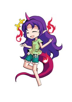Rule 34 | 1girl, barefoot, breasts, chibi, chibi only, closed eyes, commentary request, dairi, full body, green shirt, green shorts, horns, large variant set, long hair, pink horns, purple hair, red tail, shirt, shorts, simple background, single horn, solo, tachi-e, tenkajin chiyari, test tube, touhou, transparent background, variant set, very long hair