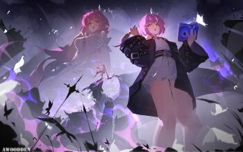 3girls absurdres artist_name as_i&#039;ve_written_(honkai:_star_rail) awoodden bare_shoulders book breasts bug butterfly castorice_(honkai:_star_rail) coat commentary cyrene_(aedes_elysiae)_(honkai:_star_rail) cyrene_(honkai:_star_rail) cyrene_(ripples_of_past_reverie)_(honkai:_star_rail) dragon dress dual_persona highres holding holding_book holding_quill honkai:_star_rail honkai_(series) insect jewelry long_sleeves medium_breasts medium_hair multiple_girls necklace pink_hair pollux_(honkai:_star_rail) purple_coat purple_sky quill sky white_butterfly white_dress