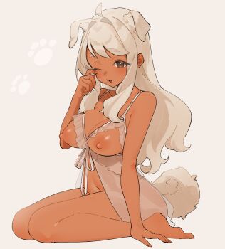 1girl :3 ahoge animal_ears arm_at_side babydoll bare_legs barefoot borrowed_character breasts brown_eyes commission curled_tail dareka3ab dark-skinned_female dark_skin dog_ears dog_girl dog_tail extra_ears floppy_ears full_body gradient_background hand_rest hand_up highres large_breasts long_hair looking_ahead navel nipples original parted_lips paw_print raised_eyebrows revealing_clothes rubbing_eyes second-party_source see-through_babydoll see-through_clothes sidelocks sitting sleepwear solo swept_bangs tail very_long_hair wariza wavy_hair white_babydoll white_hair white_tail