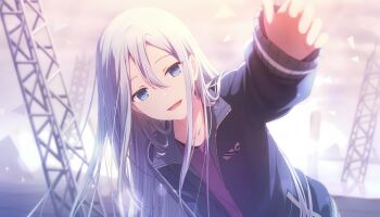 1girl absurdres blue_eyes blue_jacket blurry blurry_background colorful_palette game_cg hair_between_eyes highres jacket long_hair minasoko_ni_kage_wo_sagashite_(project_sekai) official_art open_clothes open_jacket project_sekai purple_shirt shirt smile solo third-party_source tongue triangle very_long_hair white_hair yoisaki_kanade