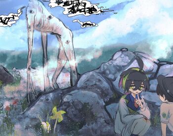 2boys bird black_hair black_hat blue_shirt commentary_request crossed_bangs day extra_eyes finger_to_mouth florian_(pokemon) flower fog gibberish_text grass hair_between_eyes hairband hat hiding highres horimhkw11 index_finger_raised jacket java_sparrow kieran_(pokemon) long_sleeves male_focus monster multicolored_hair multiple_boys nintendo outdoors pinwheel pokemon pokemon_sv purple_hair rock shirt short_sleeves shorts sky socks squatting sweat white_jacket white_java_sparrow yellow_eyes yellow_hairband