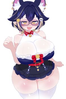 1girl :3 animal_ears bell belt black_hair black_skirt blonde_hair blue_corset blue_hair blush bow breasts cat_ears cat_girl collar corset earrings fangs hair_ornament huge_breasts indie_virtual_youtuber jewelry jingle_bell kukuchi581 looking_at_viewer multicolored_hair nakoiya neck_bell open_mouth paw_hair_ornament paw_pose paw_print pointy_ears red_belt red_bow shirt short_hair skirt skull_hair_ornament sleeveless sleeveless_shirt smile spiked_collar spikes standing streaked_hair sweat thick_thighs thighhighs thighs virtual_youtuber white_background white_shirt white_thighhighs wide_hips yellow_eyes
