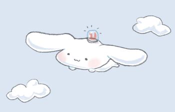 ._. 1boy :3 alarm_siren animal animal_focus black_eyes blue_background blue_sky blush cinnamoroll closed_mouth cloud commentary_request dog flying full_body fuwa_fuwa_cinnamoroll highres male_focus no_humans okubatomaeba sanrio sky smile solo white_dog