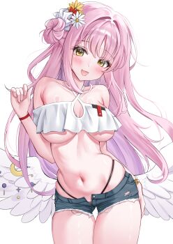 1girl absurdres alternate_costume angel_wings blush breasts cowboy_shot criss-cross_halter crop_top crop_top_overhang denim denim_shorts feathered_wings hair_bun halterneck highleg highleg_panties highres long_hair looking_at_viewer low_wings navel no_halo open_fly open_mouth panties panty_straps pink_hair shirt short_shorts shorts simple_background single_side_bun smile solo string_panties underboob underwear wfa5051 white_background white_shirt white_wings wing_ornament wings