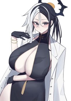 1girl absurdres black_dress black_gloves black_halo blue_archive china_dress chinese_clothes coat coat_on_shoulders dress gloves halo highres k_dhen kai_(blue_archive) multicolored_hair simple_background solo split-color_hair two-tone_hair white_background white_coat