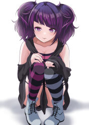 Rule 34 | 1girl, :p, absurdres, asymmetrical legwear, black jacket, blunt bangs, blush, breasts, cleavage, collarbone, commentary request, diagonal bangs, highres, idolmaster, idolmaster shiny colors, jacket, looking at viewer, mismatched legwear, nanja najav, purple eyes, purple hair, simple background, smile, solo, striped clothes, striped thighhighs, tanaka mamimi, thighhighs, tongue, tongue out, twintails, white background