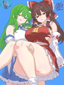 2girls ankle_socks ascot bad_id bad_twitter_id blue_background blue_skirt bow breasts brown_hair carrying carrying_person detached_sleeves drawlab33t frilled_bow frilled_hair_tubes frills frog frog_hair_ornament grabbing_another's_breast green_eyes green_hair groping hair_bow hair_ornament hair_tubes hakurei_reimu half-closed_eyes highres japanese_clothes kochiya_sanae large_breasts long_hair meme miko multiple_girls nontraditional_miko polka_dot polka_dot_skirt red_bow red_eyes red_skirt ribbon ribbon-trimmed_sleeves ribbon_trim shirt signature simple_background single_hair_tube skirt skirt_set smile smug snake snake_hair_ornament socks thighs tongue tongue_out touhou white_shirt white_socks wide_sleeves yellow_ascot