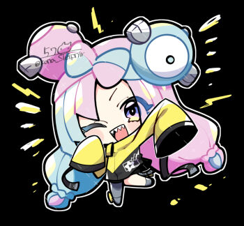 ;d black_background blue_hair bow-shaped_hair character_hair_ornament chibi chibi_only full_body grey_pantyhose hair_ornament iono_(pokemon) jacket kona_sleipnir long_hair long_sleeves looking_at_viewer nintendo one_eye_closed open_mouth pantyhose pink_hair pokemon pokemon_sv sharp_teeth single_leg_pantyhose sleeves_past_wrists smile standing standing_on_one_leg teeth twintails twitter_username upper_teeth_only very_long_hair wide_sleeves yellow_jacket