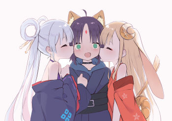 3girls absurdres ahoge animal_ear_fluff animal_ears bare_shoulders blonde_hair blue_hoodie blue_kimono blush chinese_commentary chou_kaguya-hime! closed_eyes commentary_request dress facial_mark fang forehead_mark fox_ears girl_sandwich grey_hair hair_rings highres hood hoodie japanese_clothes kaguya_(chou_kaguya-hime!) kimono kiss kissing_cheek multiple_girls off_shoulder open_mouth painnico rabbit_ears red_dress runami_yachiyo sakayori_iroha sandwiched sweat twintails yuri