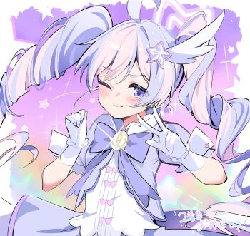 1girl absurdres ahoge arms_up blue_archive bow dot_nose dress felnemo gloves hair_ornament halo highres light_blush long_hair looking_at_viewer multicolored_hair official_alternate_costume one_eye_closed pink_hair pink_halo puffy_short_sleeves puffy_sleeves purple_bow purple_eyes purple_hair reisa_(blue_archive) reisa_(magical)_(blue_archive) short_sleeves smile solo sparkle star_(symbol) star_symbol_background twintails upper_body v white_dress wing_hair_ornament wrist_cuffs