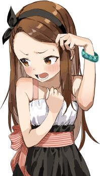 1girl absurdres black_skirt blush bracelet brown_hair collarbone commentary_request flat_chest hairband hand_on_own_chest highres idolmaster jewelry long_hair looking_to_the_side minase_iori open_mouth pleated_skirt shirt simple_background skirt sleeveless sleeveless_shirt solo sweatdrop white_background yamamoto_souichirou