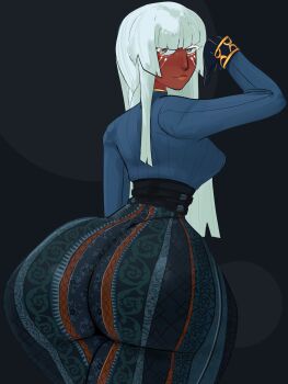 1girl absurdres alternate_costume ass ass_focus blue_jacket brigitta_(metaphor:_refantazio) curvy dand_u dark-skinned_female dark_skin forbidden_pants highres huge_ass jacket long_hair looking_back metaphor:_refantazio pants print_pants solo white_eyes white_hair