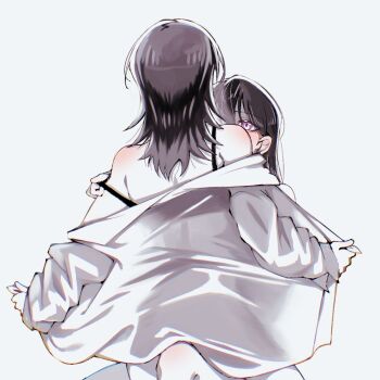 2girls bang_dream! bang_dream!_it&#039;s_mygo!!!!! black_bra bra bra_pull brown_hair clothes_pull commentary_request doki_(oox3o) highres long_hair multiple_girls purple_eyes shiina_taki shirt simple_background strap_slip underwear undressing white_background white_shirt yahata_umiri yuri