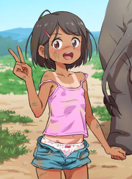 1girl animal artist_request black_hair blush breasts dark_skin day elephant flat_chest highres loli looking_at_viewer open_clothes outdoors panties poruserin sexually_suggestive short_hair short_shorts shorts size_difference small_breasts tagme testicles underwear v