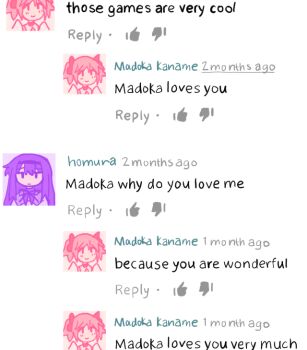 2girls akemi_homura blush character_name closed_mouth commentary english_commentary english_text goomyloid kaname_madoka limited_palette long_hair mahou_shoujo_madoka_magica meme multiple_girls pink_hair portrait purple_hair short_hair youtube_comment