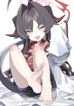 >:) 1girl :d absurdres ahoge bare_legs barefoot black_hair black_shorts blue_archive blush coat coat_partially_removed collared_shirt commentary_request demon_horns demon_tail fang feet female_focus foot_focus full_body hair_intakes halo highres horns kasumi_(blue_archive) lab_coat legs loli long_hair long_sleeves looking_at_viewer open_clothes open_mouth parted_bangs red_halo red_shirt rotroto shirt shorts simple_background sitting skin_fang sleeves_past_fingers sleeves_past_wrists slit_pupils smile smug soles solo tail toes v-shaped_eyebrows white_background white_coat yellow_eyes yellow_pupils