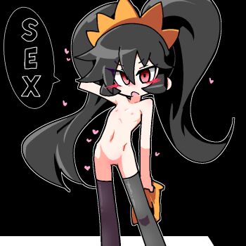 1girl :o aliasing arm_at_side arm_behind_head arm_up ashley_(warioware) big_hair black_background black_hair black_thighhighs blush collarbone contrapposto english_text feet_out_of_frame female_focus flat_chest hair_between_eyes hairband heart holding holding_unworn_clothes jaggy_lines kan_(kam48360493) legs loli long_hair looking_at_viewer navel nintendo nipples nose_blush nude open_mouth orange_hairband outline pussy red_eyes sidelocks simple_background solo speech_bubble standing stomach talking thighhighs twintails unworn_clothes very_long_hair warioware white_outline