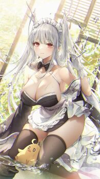 1girl apron armpits azur_lane baby_animal bare_shoulders bird black_dress black_thighhighs blurry bow bowtie breasts chick chromatic_aberration cleavage closed_mouth depth_of_field detached_sleeves dragon_horns dress gloves halterneck hand_up highres horns kneeling large_breasts long_hair looking_at_viewer maid maid_apron maid_headdress manjuu_(azur_lane) no_bra no_shoes off_shoulder official_alternate_costume ozzingo red_eyes shimanto_(azur_lane) shimanto_(the_comfy_dragon_god)_(azur_lane) short_dress skindentation sleeveless sleeveless_dress smile solo thighhighs thighs twintails very_long_hair waist_apron water wet white_gloves white_hair wide_sleeves wing_collar zettai_ryouiki