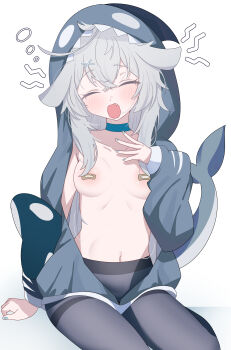 1girl absurdres animal_ears animal_hood bandaid bandaids_on_nipples blue_choker blush breasts choker closed_eyes collarbone commentary facing_viewer fang fins fish_tail grey_hair grey_jacket grey_nails grey_pantyhose hair_between_eyes hair_ornament hand_up highres hood hood_up hooded_jacket jacket kanimiso30601 long_hair long_sleeves medium_breasts nail_polish navel open_mouth original pantyhose pasties puffy_long_sleeves puffy_sleeves shark_hood shark_tail simple_background sitting sleeves_past_wrists solo tail thighband_pantyhose very_long_hair white_background x_hair_ornament yawning