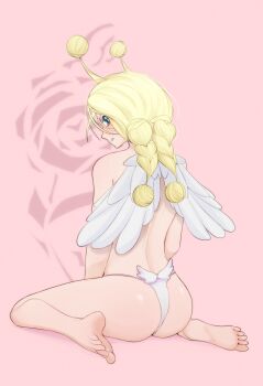 1girl angel_wings ass blonde_hair conis_(one_piece) feet from_behind highres looking_at_viewer looking_back medium_hair one_piece panties pink_background sitting skypiea solo source_request tareme topless_female underwear v-shaped_eyebrows wariza white_panties wings