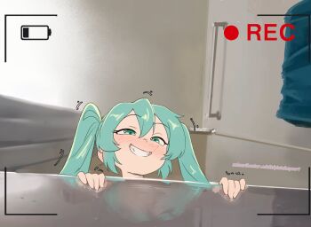 1girl aqua_eyes aqua_hair bathtub blush ceiling commentary curtains double-parted_bangs ear_blush english_commentary from_below grin hair_between_eyes hatsune_miku highres looking_at_viewer motion_lines naughty_face peeking piutahayo recording reflection smile solo subscribestar_username towel_rack trembling twintails viewfinder vocaloid