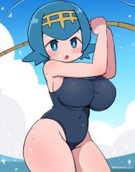 1girl alternate_breast_size_(larger) alternate_costume animal animal_print bird blue_eyes blue_hair blue_one-piece_swimsuit blue_school_swimsuit blush breasts cloud fish_print fishing fishing_rod hairband highres holding holding_fishing_rod lana_(pokemon) large_breasts miyazero nintendo ocean one-piece_swimsuit open_mouth oppai_loli pokemon pokemon_sm print_swimsuit school_swimsuit seagull short_hair sky sweat swimsuit water wide_hips