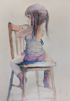 1girl acrylic_paint_(medium) bare_shoulders blue_camisole camisole chair full_body graphite_(medium) grey_background guma hand_on_chair highres looking_at_viewer looking_back on_chair original painting_(medium) photo_(medium) purple_hair purple_shorts purple_socks shorts sidelocks simple_background sitting socks solo straddling strap_slip thighs traditional_media twintails